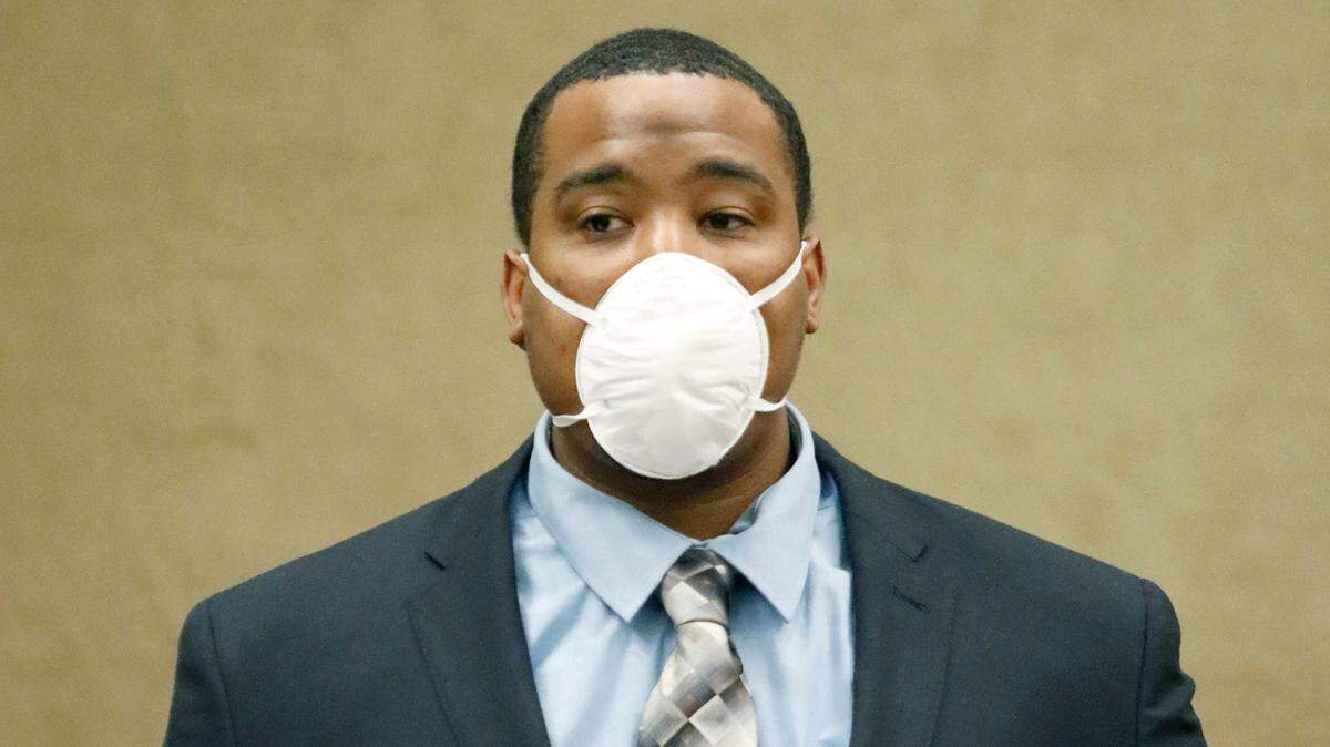 Kejuan Bynum listens in court during jury selection for his murder trial in October 2021. On Nov. 5, 2021, Bynum was found guilty of second-degree murder in the stabbing death of Christopher Vento Wilson at a party in Shandon in June 2019, and sentenced to 36 years to life in state prison on Monday, Dec. 13, 2021.