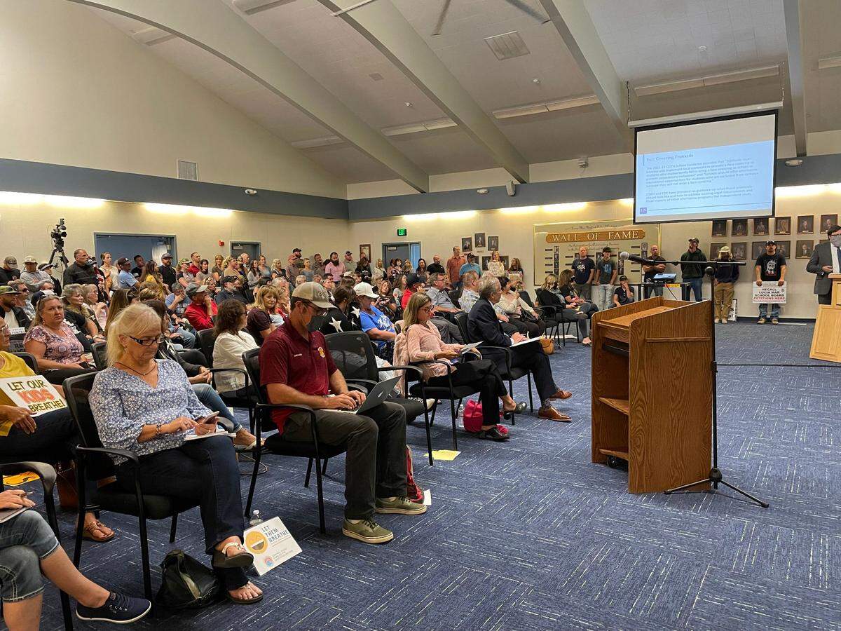 Attorney Joshua Whiteside gives a presentation at the Lucia Mar Unified School District board meeting on Tuesday, Aug. 3, 2021, defining the legalities behind why the district was required to implement an indoor mask mandate.