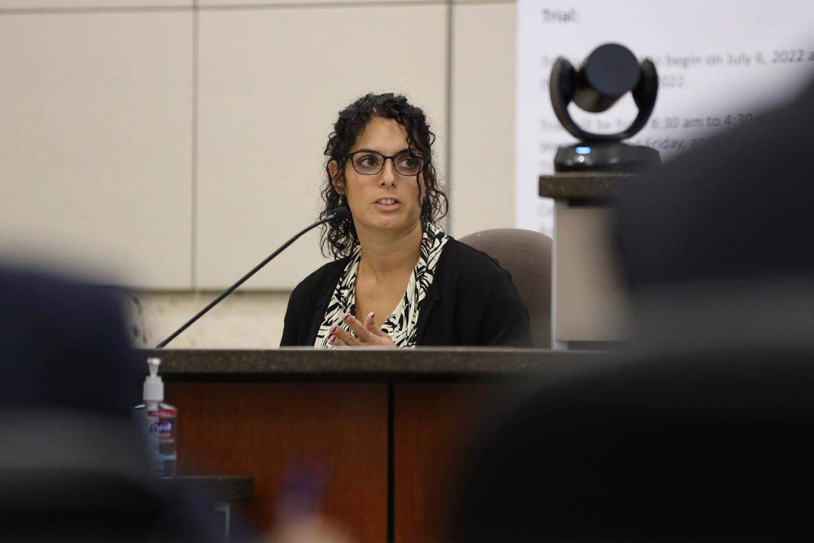 Angie Carrizel testifies in the Kristin Smart murder trial against her ex-boyfriend, Paul Flores, in Monterey County Superior Court in Salinas on Aug. 26, 2022.