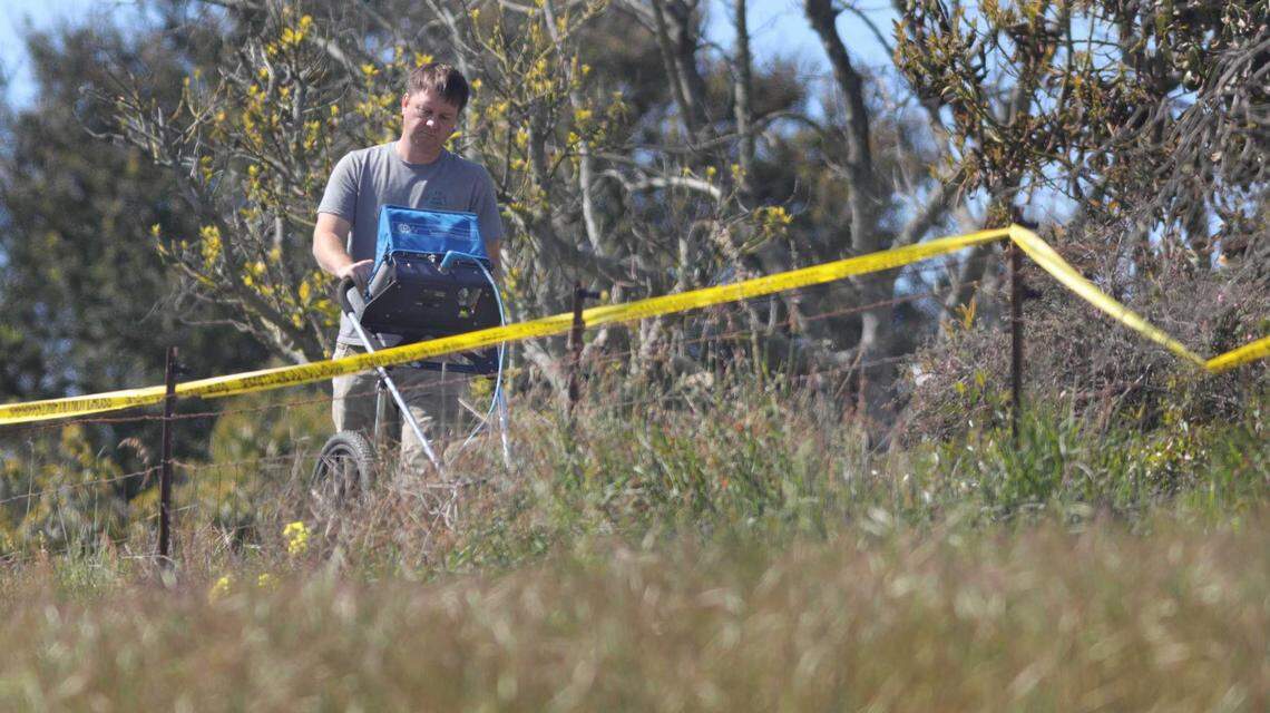 A technician uses ground-penetrating radar in the yard of the Arroyo Grande home of Ruben Flores on Tuesday, March 16, 2021, as the San Luis Obispo County Sheriff’s Office searches the property for a second day. Flores is the father of Paul Flores, now considered the prime suspect in missing Cal Poly student Kristin Smart’s disappearance.
