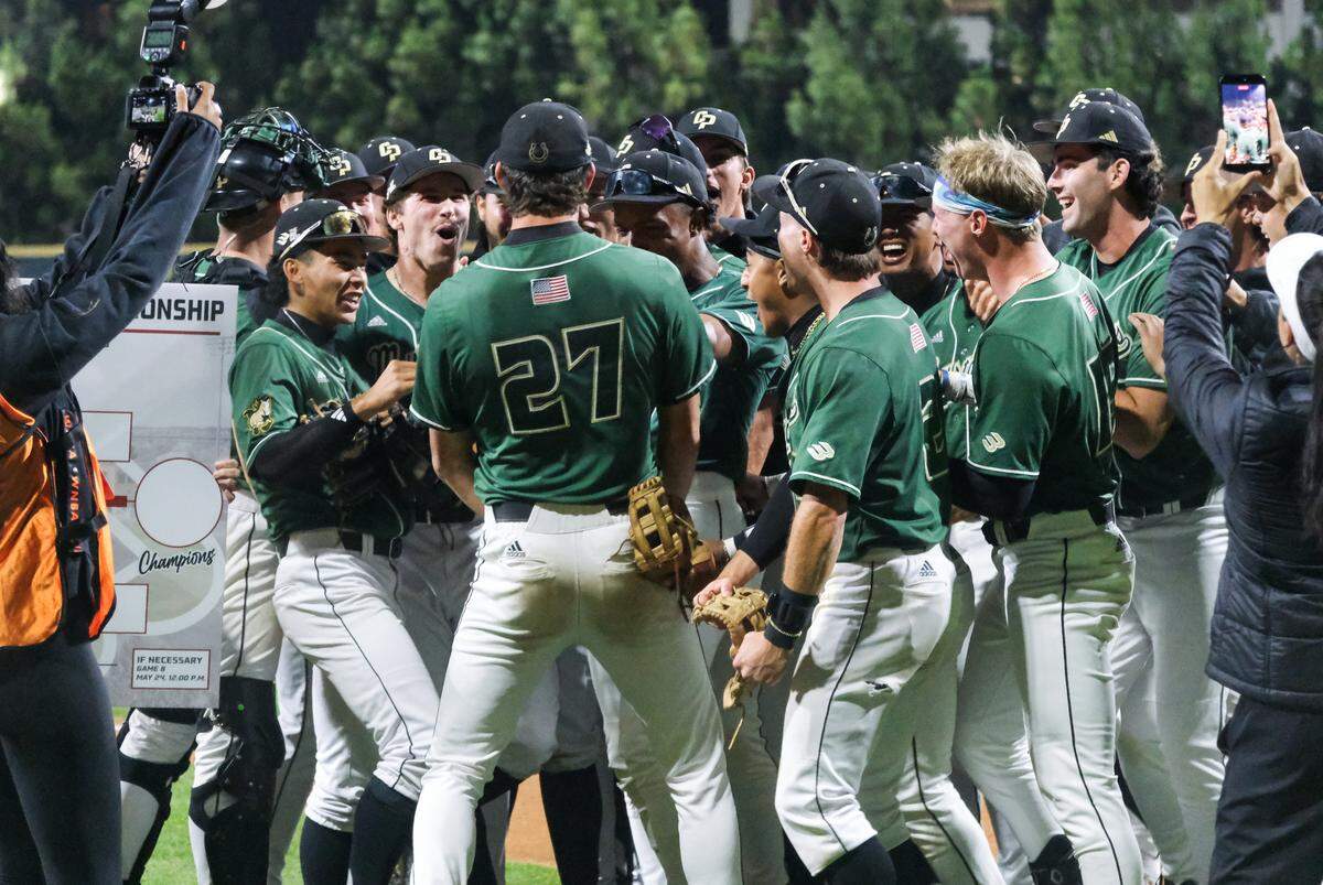 Cal Poly celebrates after defeating UC San Diego 1-0 to advance in the Big West Championships winner’s bracket on May 21, 2026.