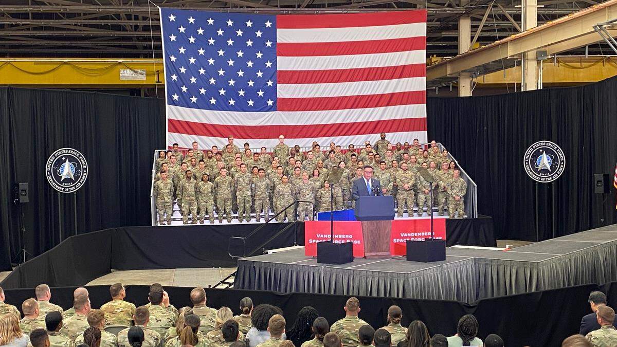Congressman Salud Carbajal speaks to the crowd at Vandenberg Space Force Base before remarks by Vice President Kamala Harris.