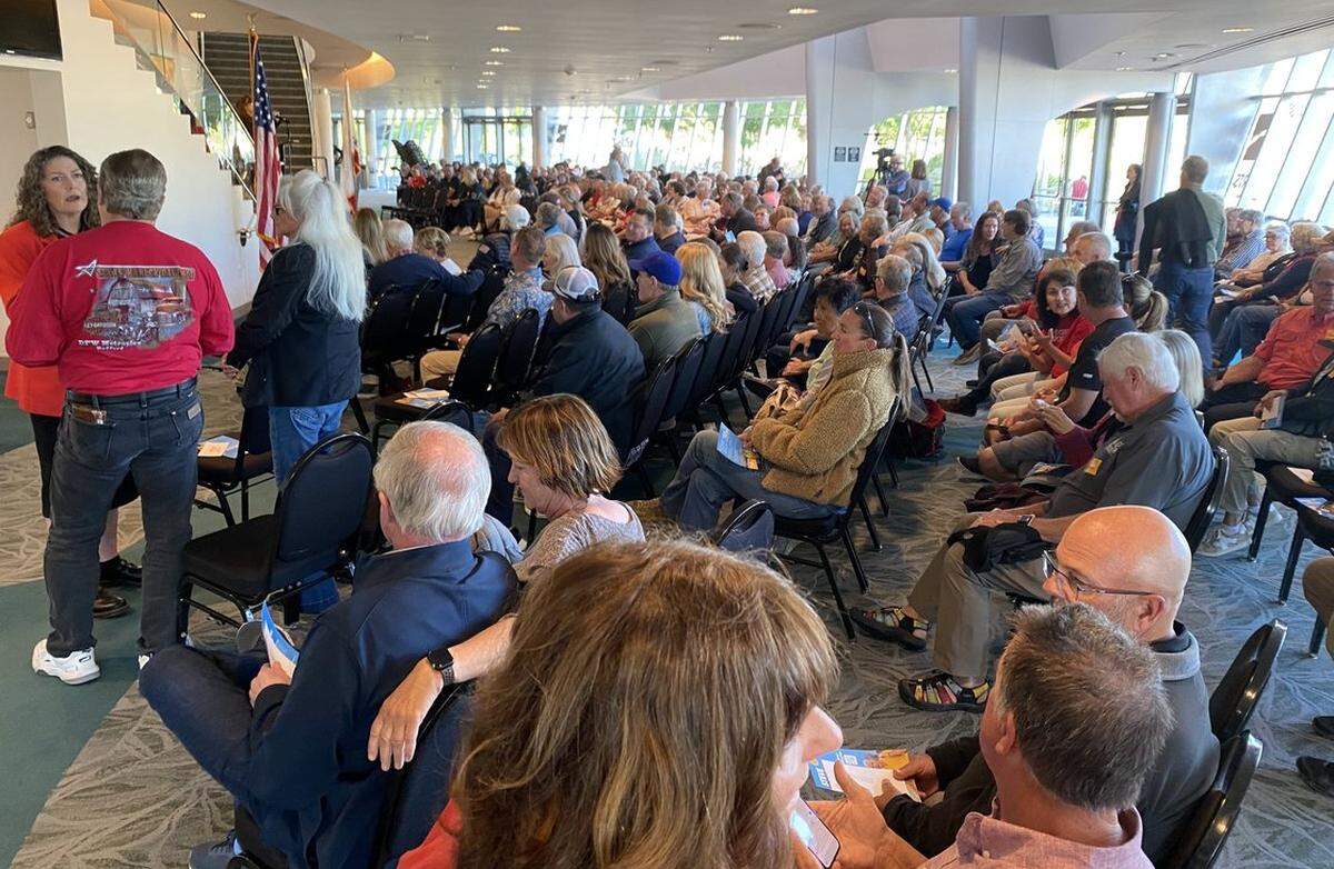 Supporters listen as Republican gubernatorial candidate Steve Hilton answers questions during a town hall Sunday, May 24, 2026, at Cal Poly’s Performing Arts Center.