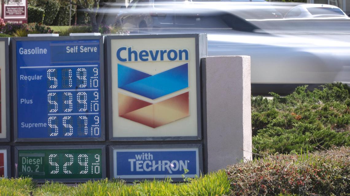 Gas prices were at $5.199 per gallon at the Chevron on the corner of Foothill Boulevard. and Santa Rosa Street in San Luis Obispo on April 7, 2025. Cars streak by on Santa Rosa Street in this time exposure.