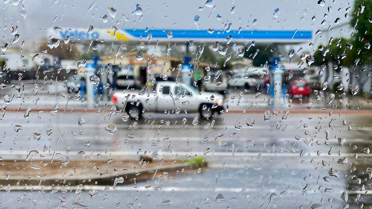 Rain on a window on South Higuera Street near Madonna Road, Nov. 25, 2024.