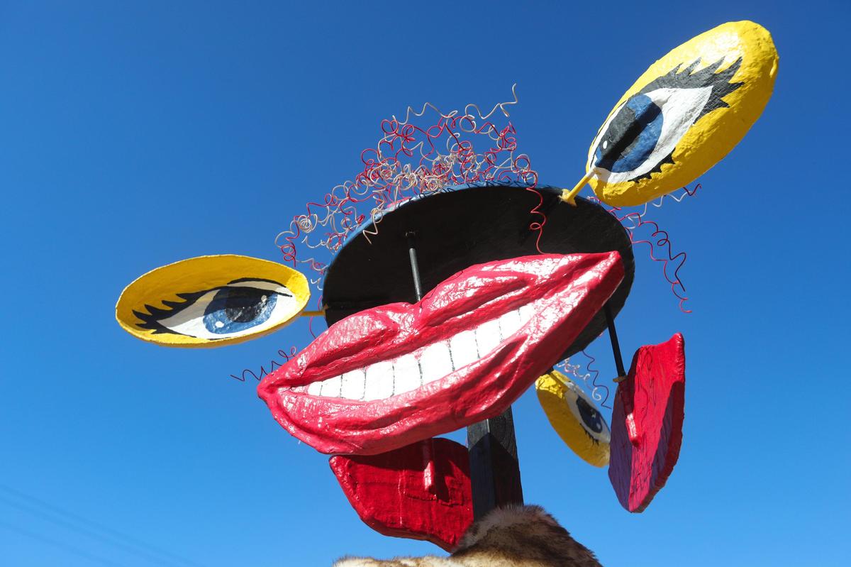 “Chick Magnet” was created by Mary Nixon and Amy Marshall, three rotating faces change with the wind. Scarecrows are wandering the streets of Cambria and San Simeon as the October festival is underway.