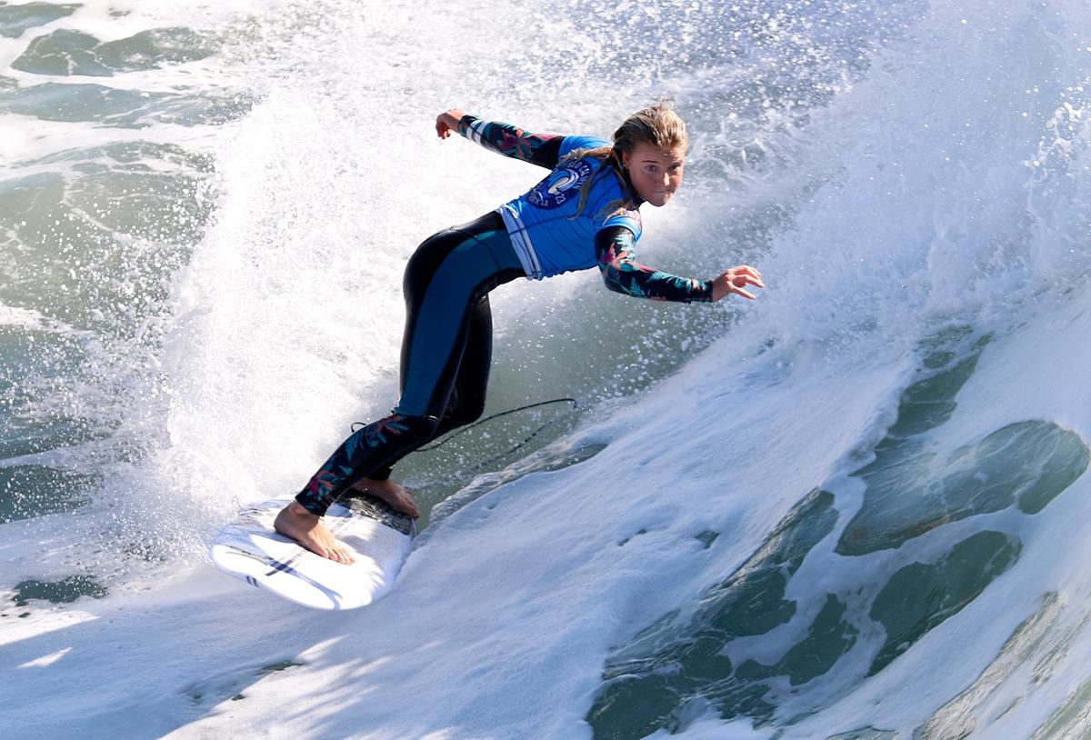 Noah Klapp of Germany catches a wave while competing in the World Surf League’s SLO CAL Open at Pismo Beach on Thursday, Jan. 26, 2023.