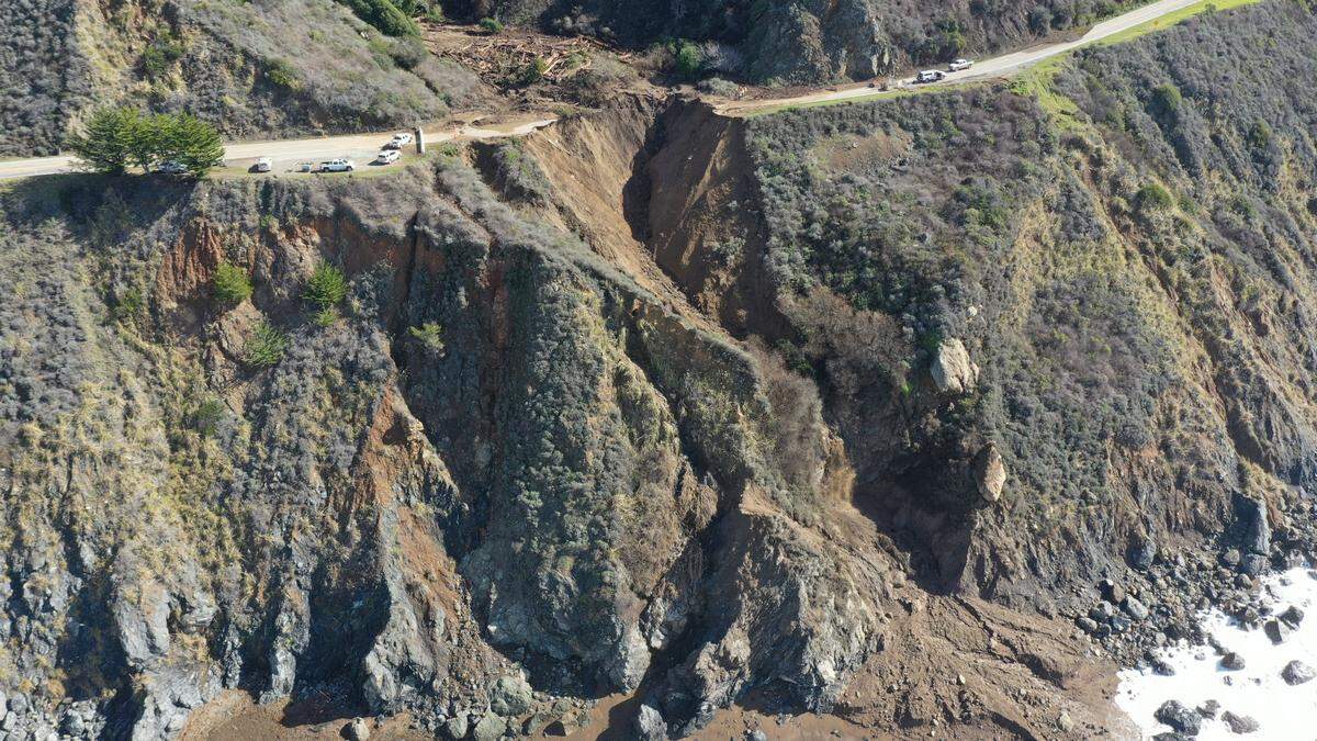 This aerial photo shows the huge gap in Highway 1 at Rat Creek caused by a January rainstorm. The road reopened Friday, April 23, 2021.