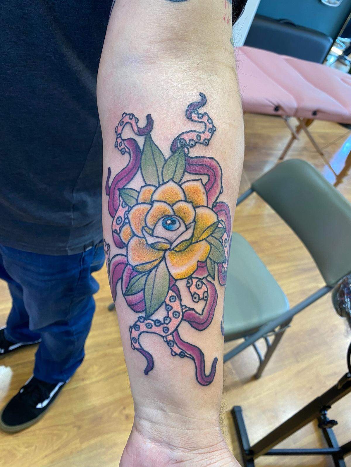 Though shop owner Woods Bramble does a little bit of everything, he mainly focuses on tattooing in the American and Japanese traditional styles.