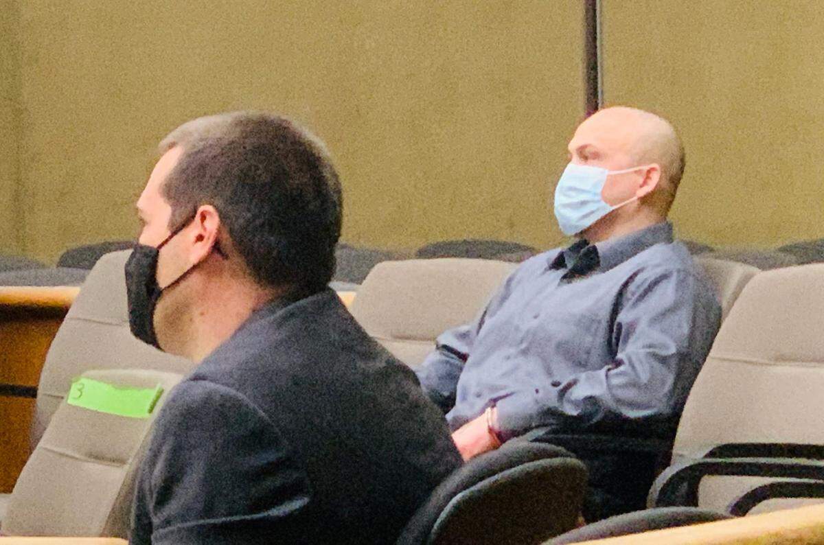 Daniel Raul Rodriguez Johnson, right, listens to testimony during a Feb. 18, 2021, preliminary hearing in San Luis Obispo Superior Court. Johnson is facing two counts of murder for the stabbing death of his pregnant girlfriend, 27-year-old Carrington Broussard of Heritage Ranch, and the death of the couple’s unborn child in March 2019.