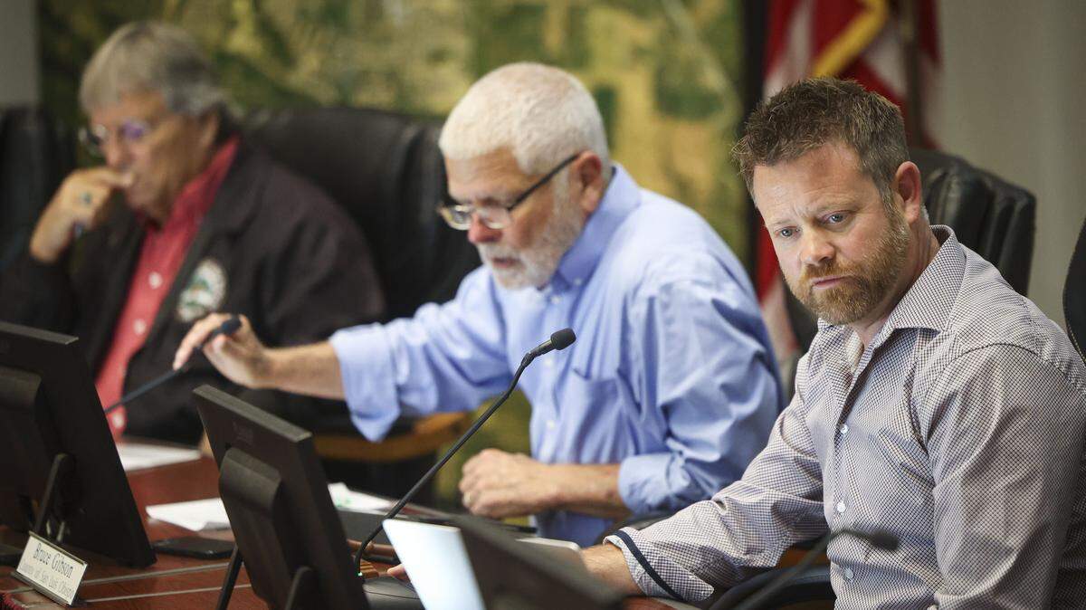 Three of four Board members at meeting listening to presentation, from the left: John Hamon, Bruce Gibson, Matt Turrentine. Paso Robles Area Groundwater Authority Board of Directors took public comment on August 1, 2025.