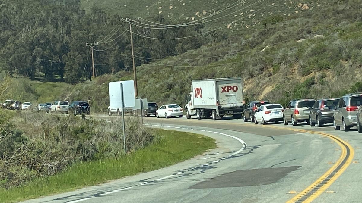 Traffic slows to a crawl on South Bay Boulevard after a car overturned into the Morro Bay Estuary, pictured Wednesday, March 19, 2025.