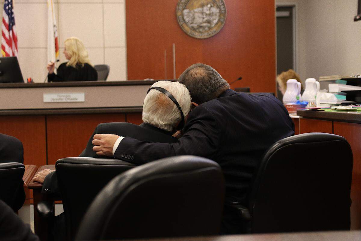 Ruben Flores (left) and his defense attorney Harold Mesick talk to each other at the Kristin Smart murder trial at Monterey County Superior Court in Salinas on Sept. 27, 2022. Flores is on trial for helping his son, Paul Flores, hide Smart’s body.