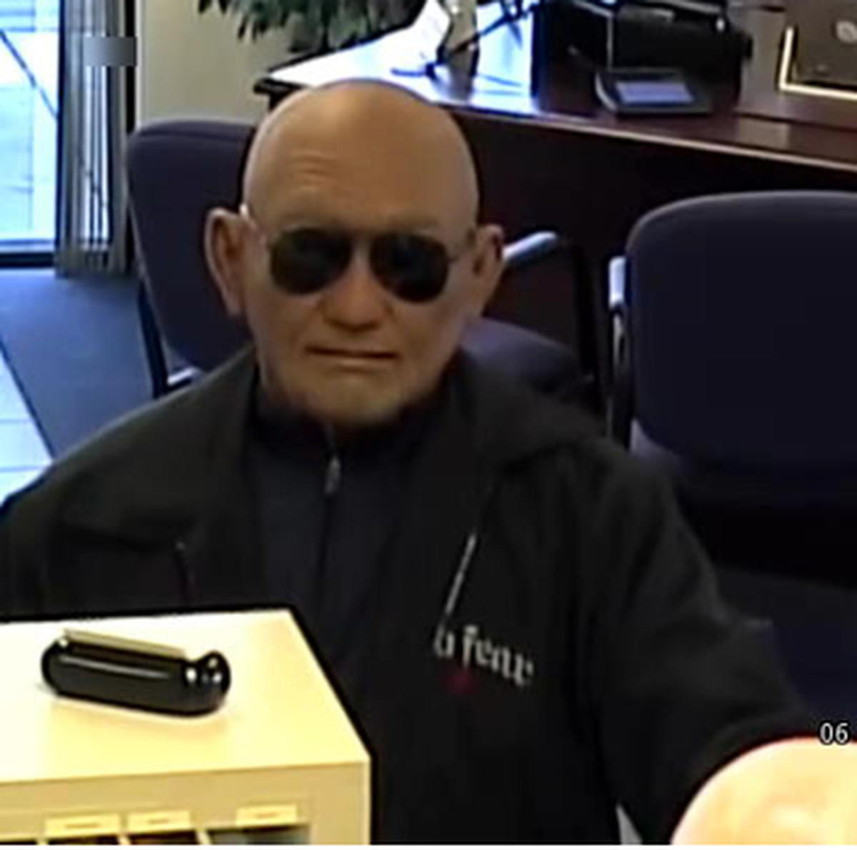 A male suspect wearing all dark clothing, gloves, and an “old man” mask with sunglasses robbed U.S. Bank off South Higuera late Friday afternoon. The suspect did not display a weapon and did not threaten to have one.