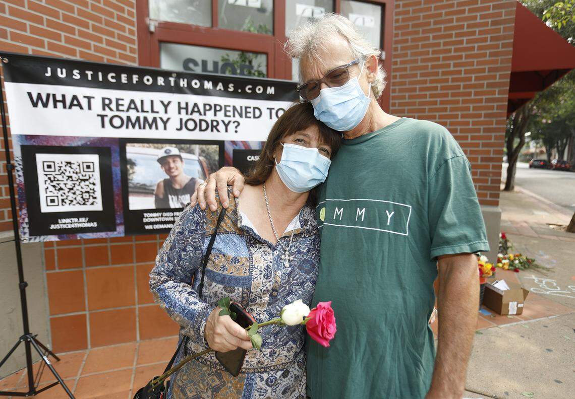 Volunteers from the community group Justice 4 Thomas hold a two-day vigil at the Marsh Street parking structure in downtown San Luis Obispo for the one-year anniversary of the mysterious death of Thomas Jodry, who died after a fall on the evening of Sept. 14, 2019.