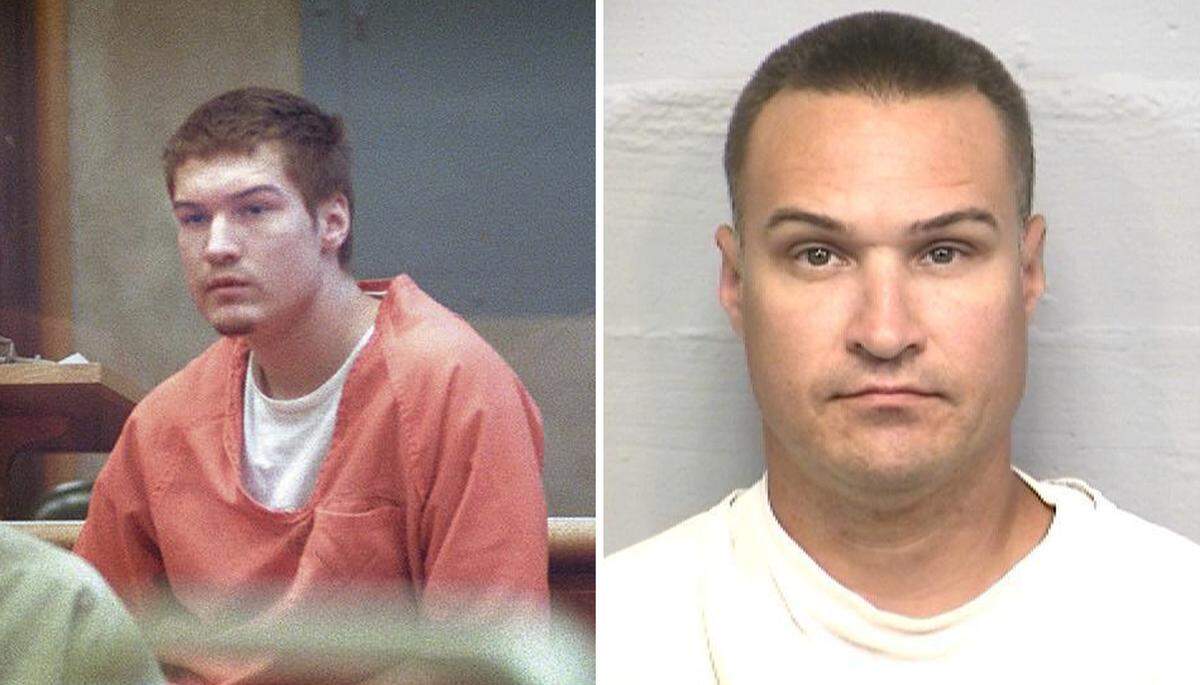 Jacob Delashmutt is seen in a 2015 inmate photo, right, and in court in January 1997. He, Royce Casey and Joseph Fiorella were convicted of murdering 15-year-old Nipomo resident Elyse Pahler in July 1995.