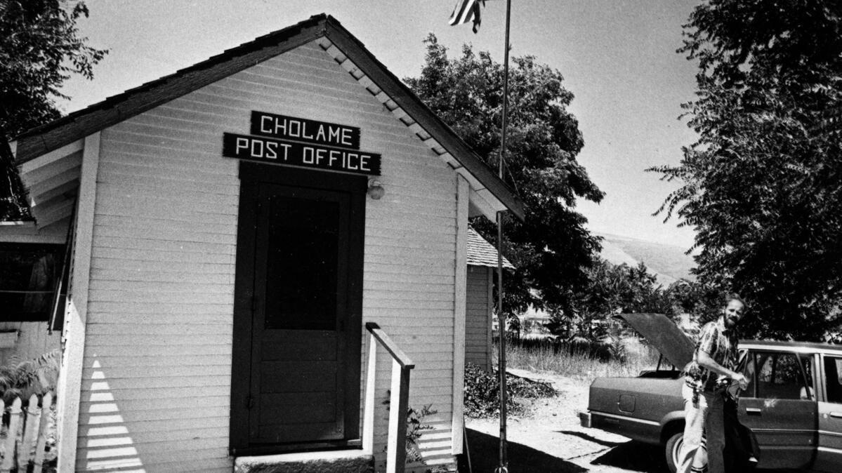 The Cholame Post Office was made from a highway maintenance shack and dragged into place by horses in 1933.Tom Rutkowski loads his car to deliver mail on his contract rural route in August 1981