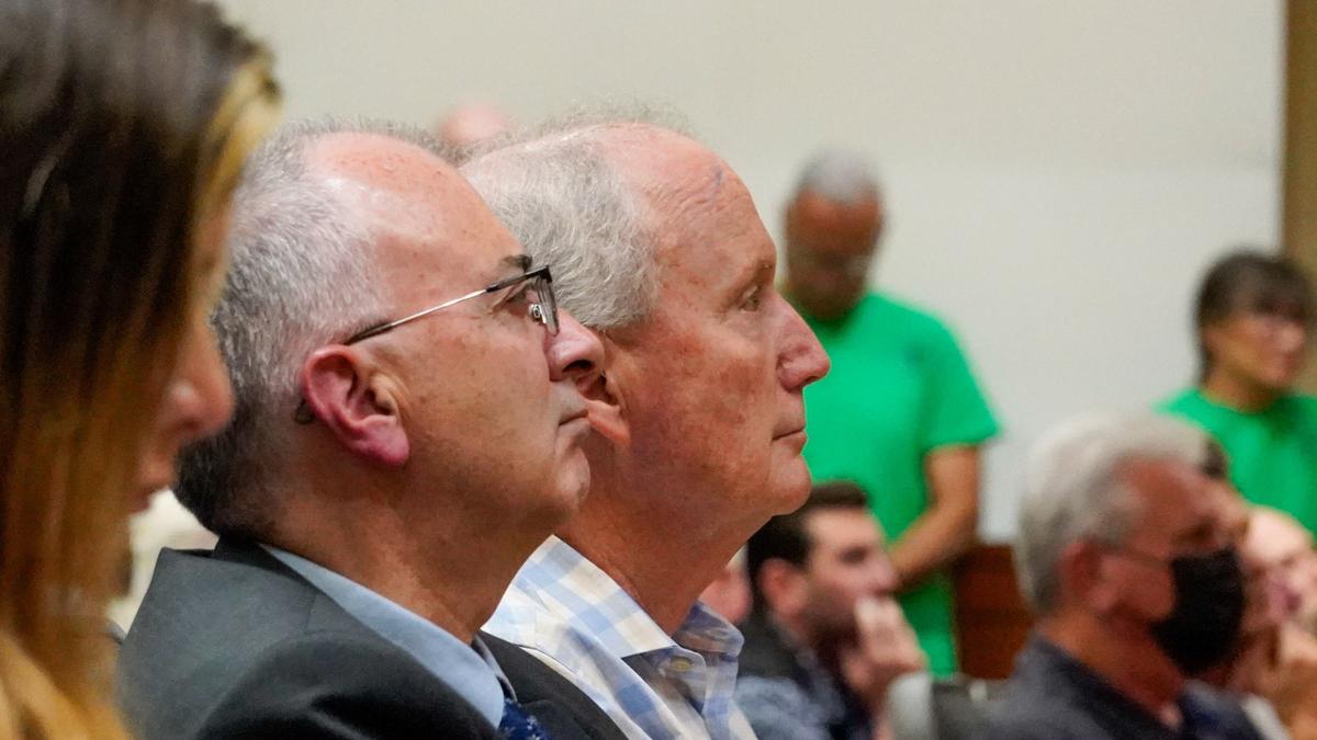 People’s Self-Help Housing CEO Ken Triguiero, left, and NKT Commercial founder Nick Tompkins, right, listen to speakers discuss the Dana Reserve housing project Tuesday, April 23, 2024. The Dana Reserve project would add around 1,242 homes to a 288-acre plot of land in Nipomo.