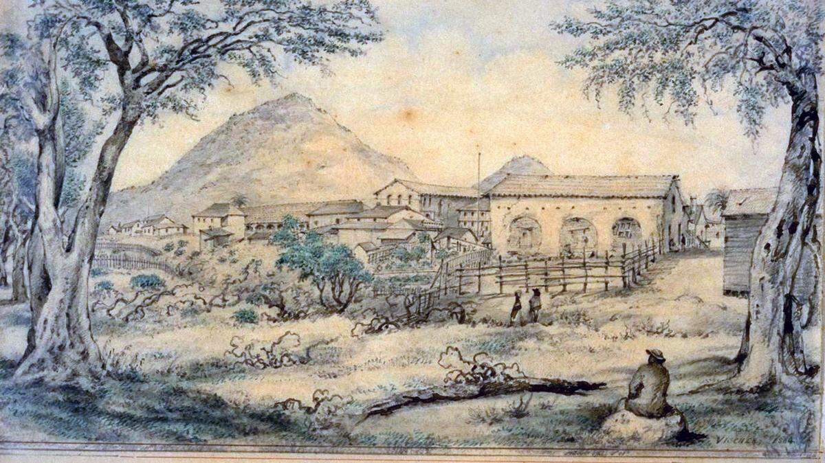 The “Casa Grande” Courthouse where Judge Pablo de la Guerra held court in 1867 by artist Edward Vischer. It was located on Court Street next to the “Bull and Bear” Plaza in San Luis Obispo.
