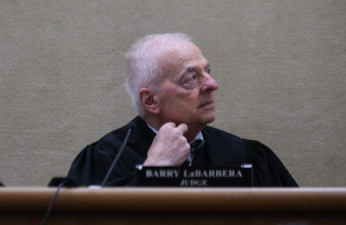San Luis Obispo Superior Court Judge Barry LaBarbera listens during the trial against Brandi Turner in San Luis Obispo Superior Court on Jan. 10, 2024. Turner is accused of murder in the fentanyl overdose death of Quinn Hall in October 2022.