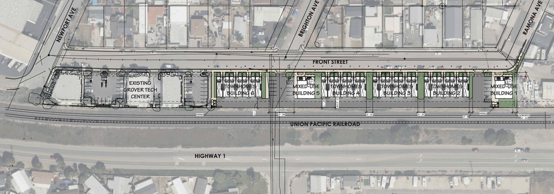 The Solstice project from applicant Brad Foote and developer Coastal Community Builders is planned to bring 28 townhomes and a pair of mixed-use commercial buildings to 359 Front St. in Grover Beach.