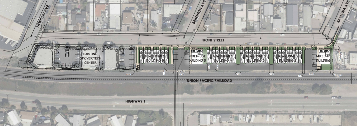 The Solstice project from applicant Brad Foote and developer Coastal Community Builders is planned to bring 28 townhomes and a pair of mixed-use commercial buildings to 359 Front St. in Grover Beach.