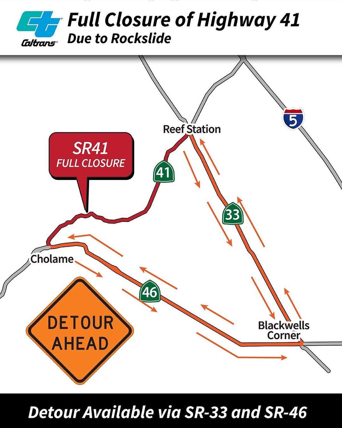 A rock slide closed Highway 41 between the Cholame Y and Reef Station on Dec. 29, 2025, forcing a detour on Highways 46 and 33.