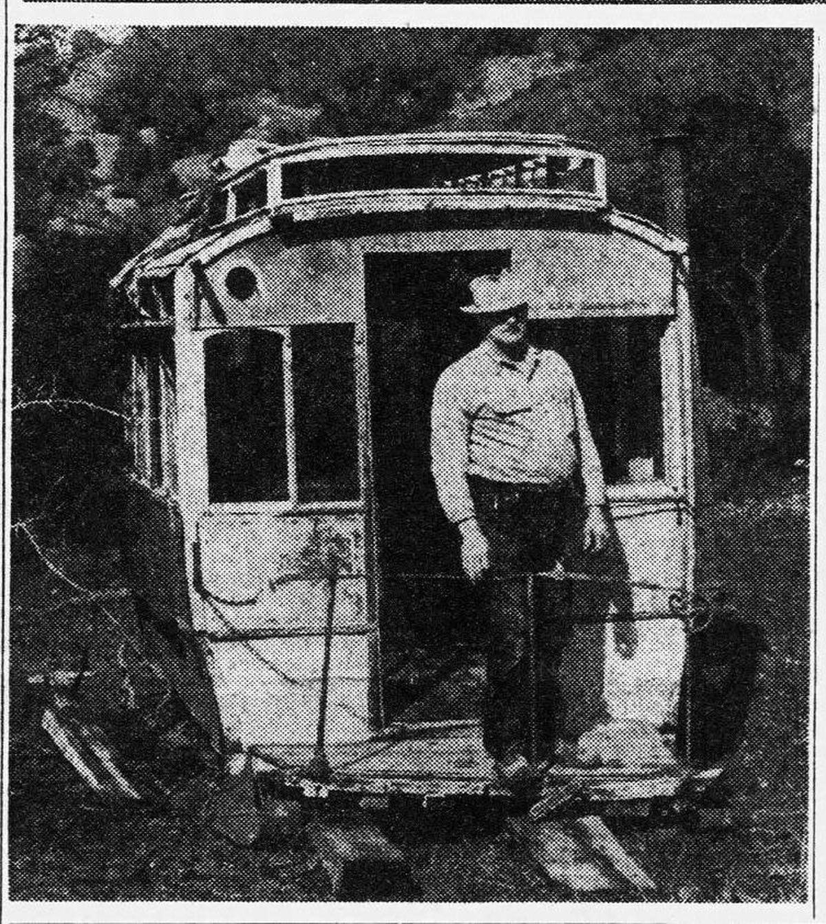 George Bell stands on the back platform of the San Luis Street Railway car, which is in remarkably good shape considering its age. A “No Smoking” sign on the rear wall behind Bell’s head shows that early San Luis Obispans were careful to preserve their public conveyances. The car will be seen as the Cabrillo club float in the Fiesta de las Flores Parade, published May 17, 1949.