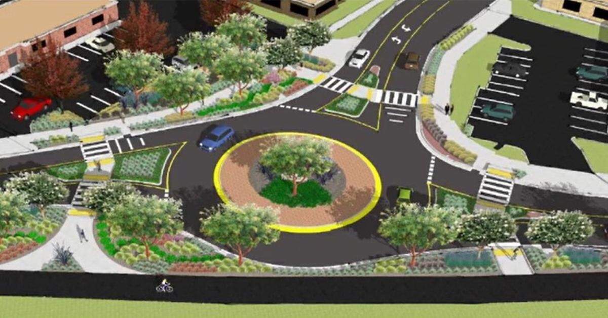 San Luis Obispo, California, may pursue eminent domain to secure a parcel at California Boulevard and Taft Street for a long-planned roundabout near Cal Poly. A rendering shown at a Sept. 16, 2025, City Council meeting shows the potential layout of the roundabout.