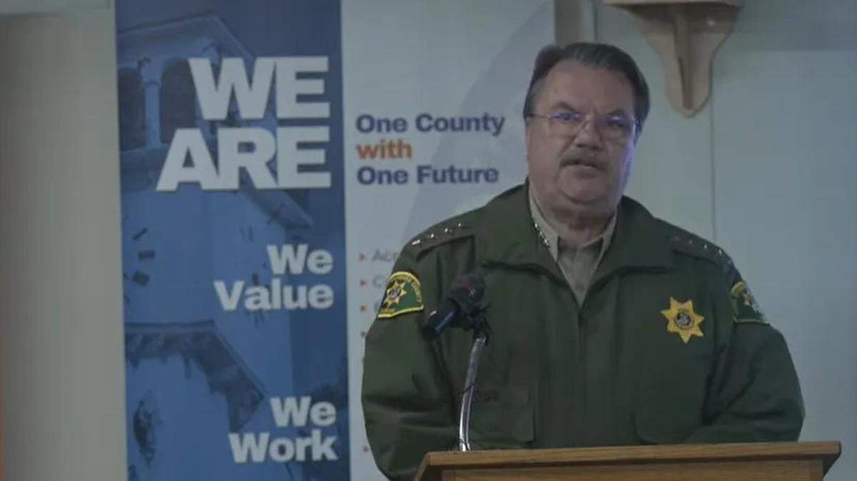 Santa Barbara County Sheriff Bill Brown announces a shelter-in-place order during a storm on Monday, Jan. 9, 2023, due to a flash flood warning in effect from National Weather Service. Evacuations have been ordered for South Coast communities at risk of severe storm impacts.