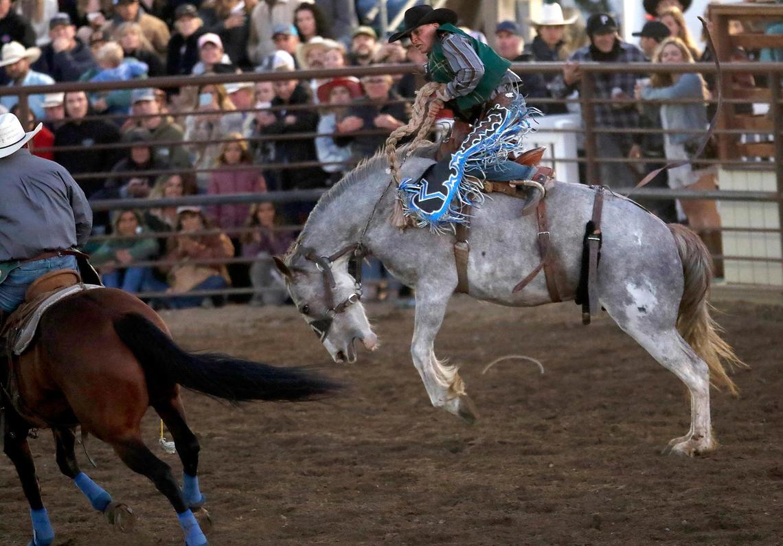 Cal Poly rodeo team member Karson Mebane rides in the saddled bronc competition. He won the saddle bronc riding, team roping and the men’s all around competition at the Cal Poly Rodeo, part of the university’s 29th annual Cal Poly Open House on April 9, 2022, which showcases the campus programs to new students, families and the community.