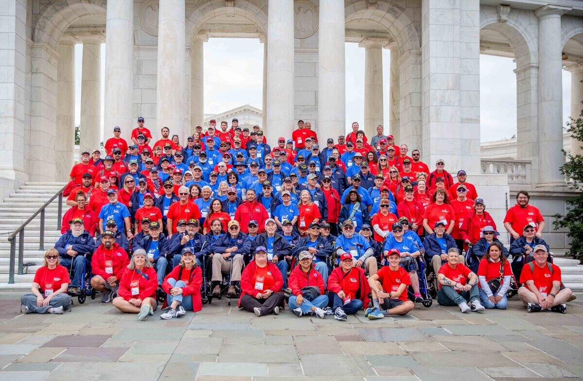 Veterans and guardians with Honor Flight Central Coast California gather at the National World War II Memorial in Washington, D.C., during one of the organization’s trips honoring military service and remembrance.