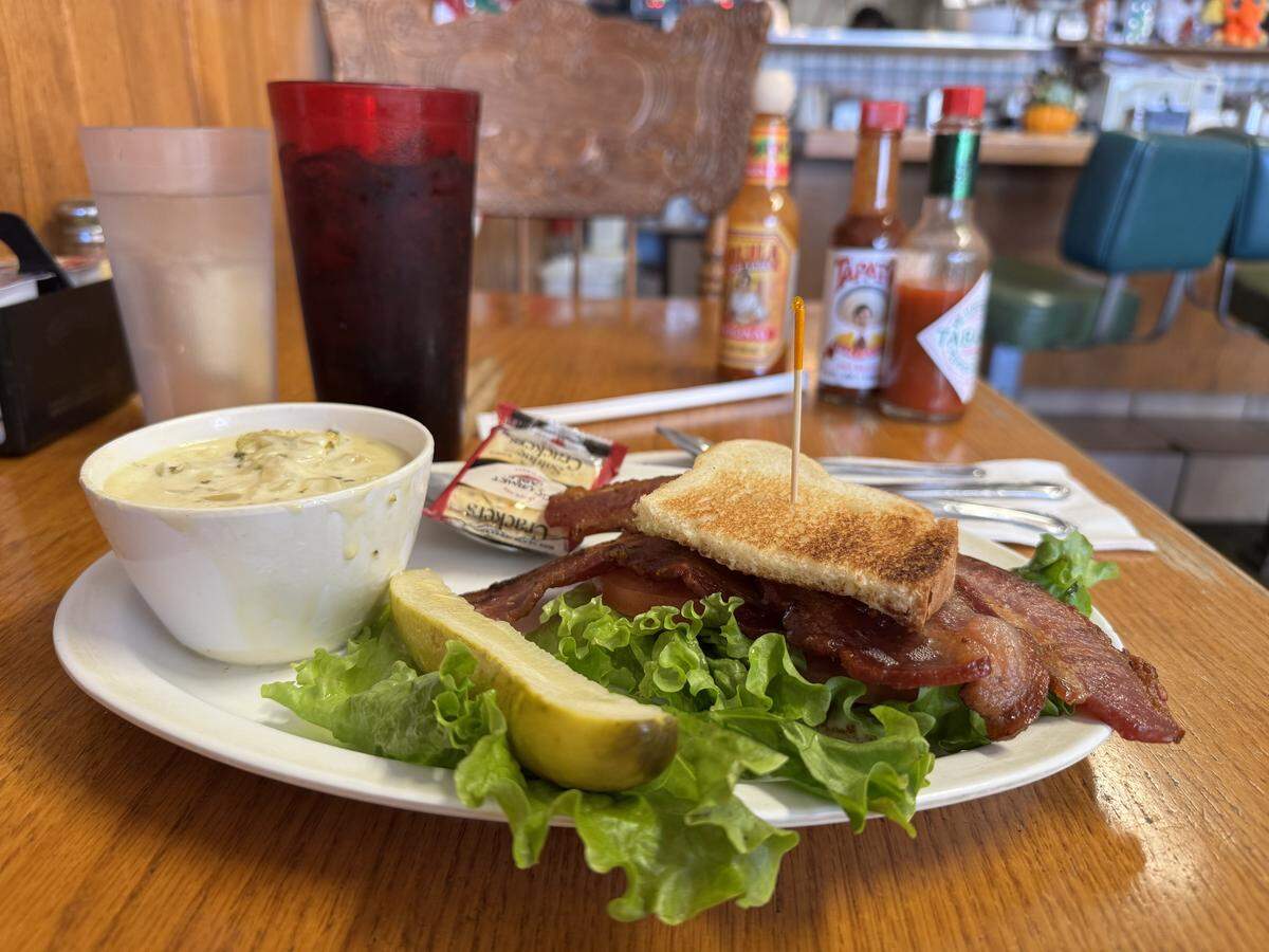 Cream of broccoli soup and a half BLT sandwich from Village Cafe in Arroyo Grande. Seen here on Dec. 11, 2025.