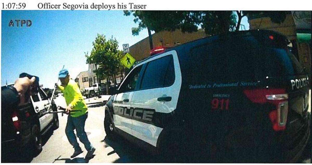 A screen shot of a police officer’s body camera contained in a city report shows Gary Roger Reynolds with several weapons in his hands in a July 6, 2016, confrontation with Atascadero police.