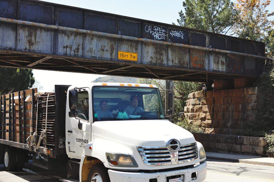 The Union Pacific Railroad bridge crossing Monterey Street in San Luis Obispo has been vandalized with graffiti reading "Cal Poly racist hicks."