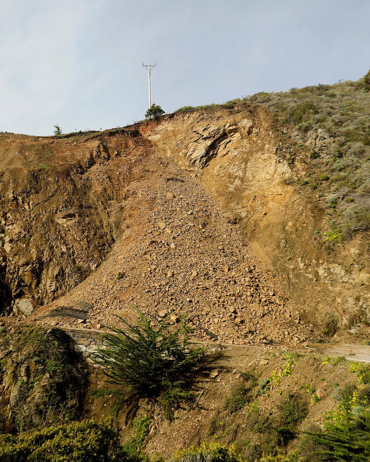 Mesh was unable to contain a landslide that slipped onto Highway 1 at Polar Star, about a mile south of Ragged Point, on Jan. 5, 2023.
