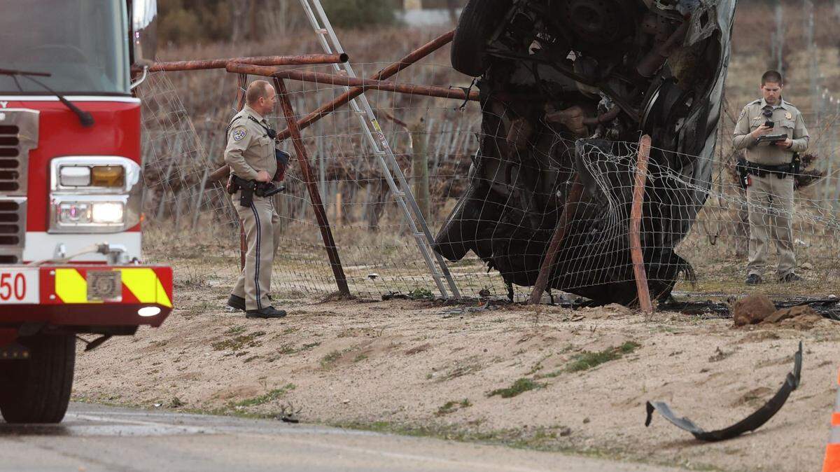 At least one person was dead after a vehicle crashed into a fence and caught fire next to a winery on Creston Road in rural San Luis Obispo County on Feb. 3, 2025.
