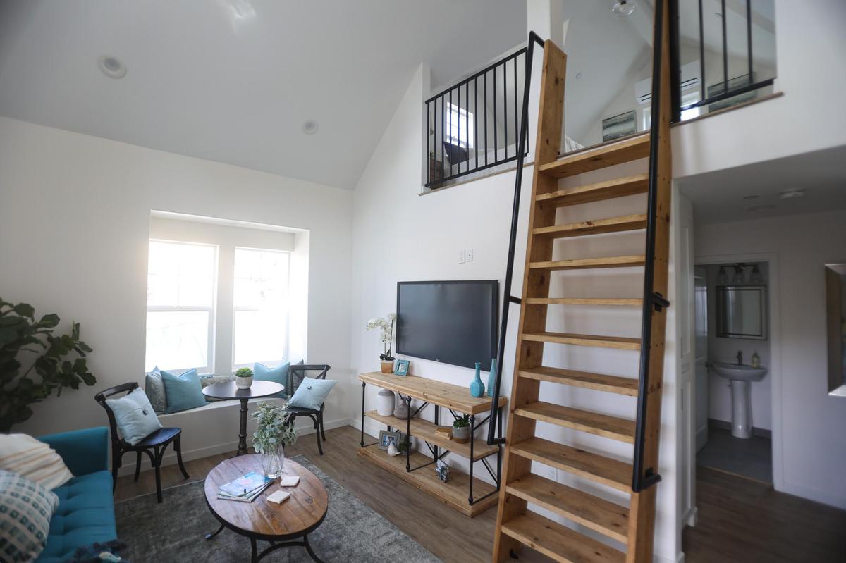 The smallest home at the new Grand Oaks Paseo development in Atascadero is 703 square feet, with a bedroom on the first floor and a loft above.