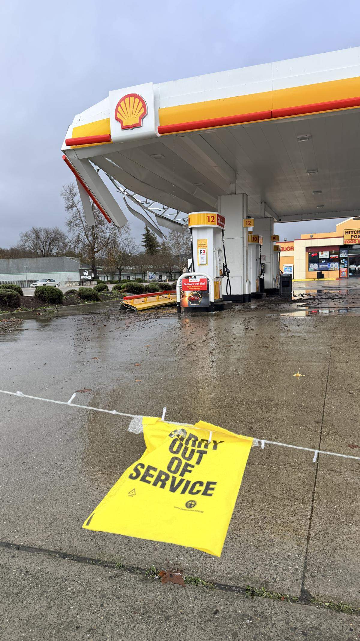 The Shell gas station on Highway 41 in Atascadero was forced to close after high winds tore down part of the canopy over the pumps on Dec. 25, 2025.