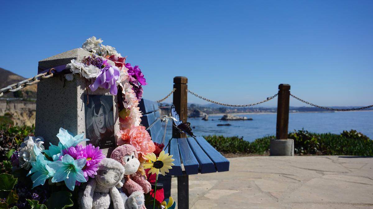 A memorial for Kristin Smart near Dinosaur Caves in Pismo Beach is covered with gifts and mementos.