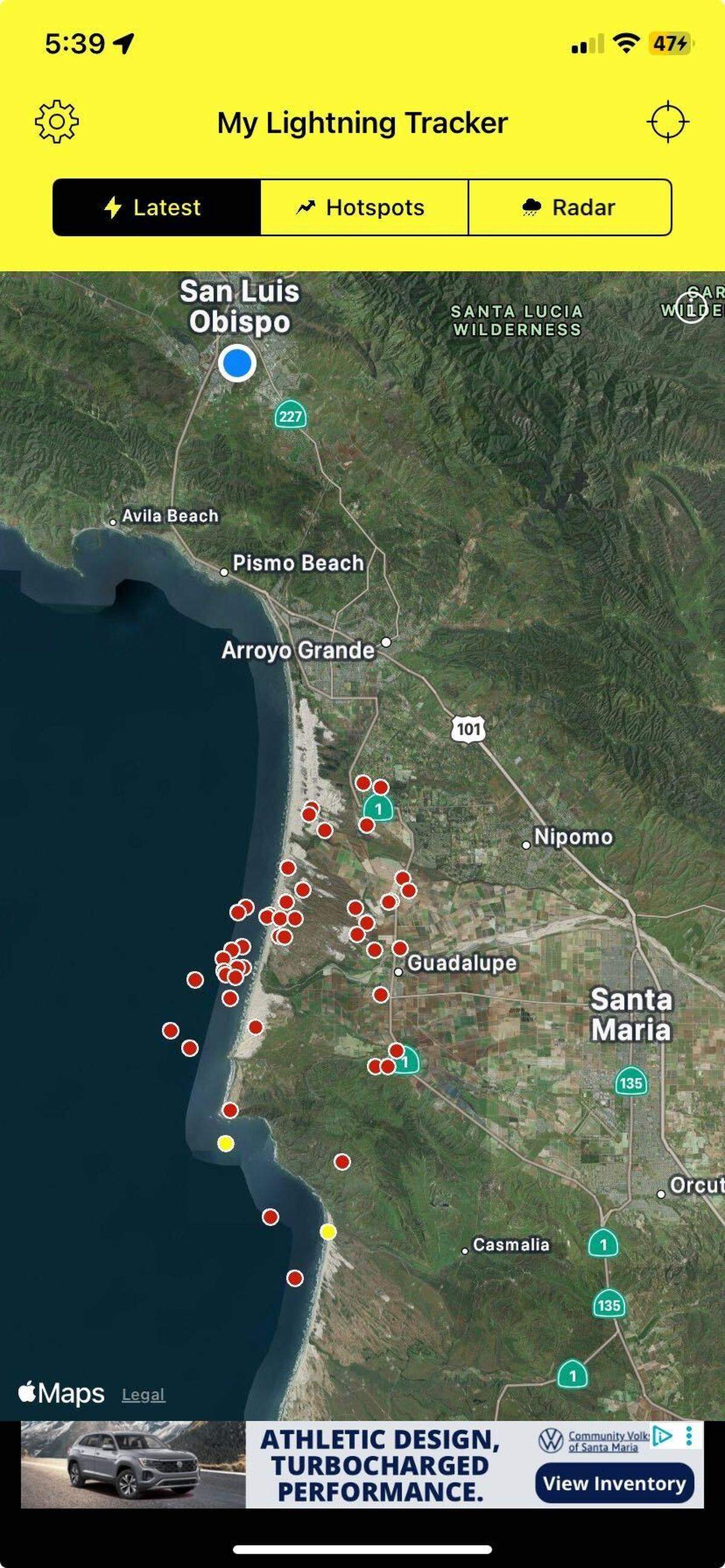 The My Lightning Tracker app hows a flurry of strikes west of Nipomo over the Oceano Dunes on Sept. 17.