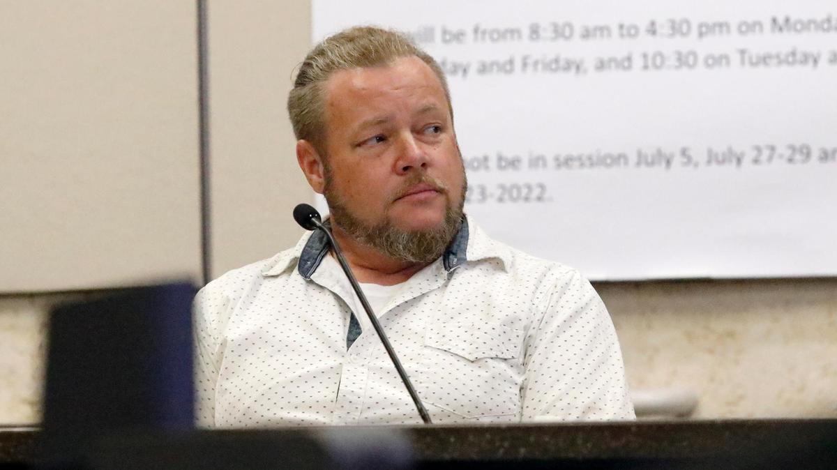 Justin Goodwin takes the stand Monday Sept. 12, 2022 after Jennifer Hudson continued her testimony from Thursday. The Kristin Smart murder trial for Paul Flores and his father Ruben Flores was held at the Monterey Superior Court, Salinas, California.