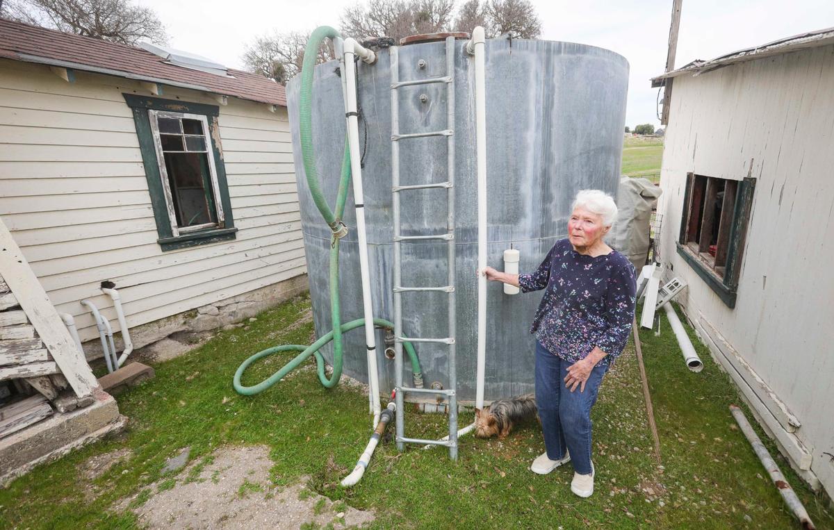 Candy Nachel spends about $350 per month to truck in water to her home on El Pomar Road east of Templeton. She stores the water in a tank, seen here on Feb. 27, 2025.