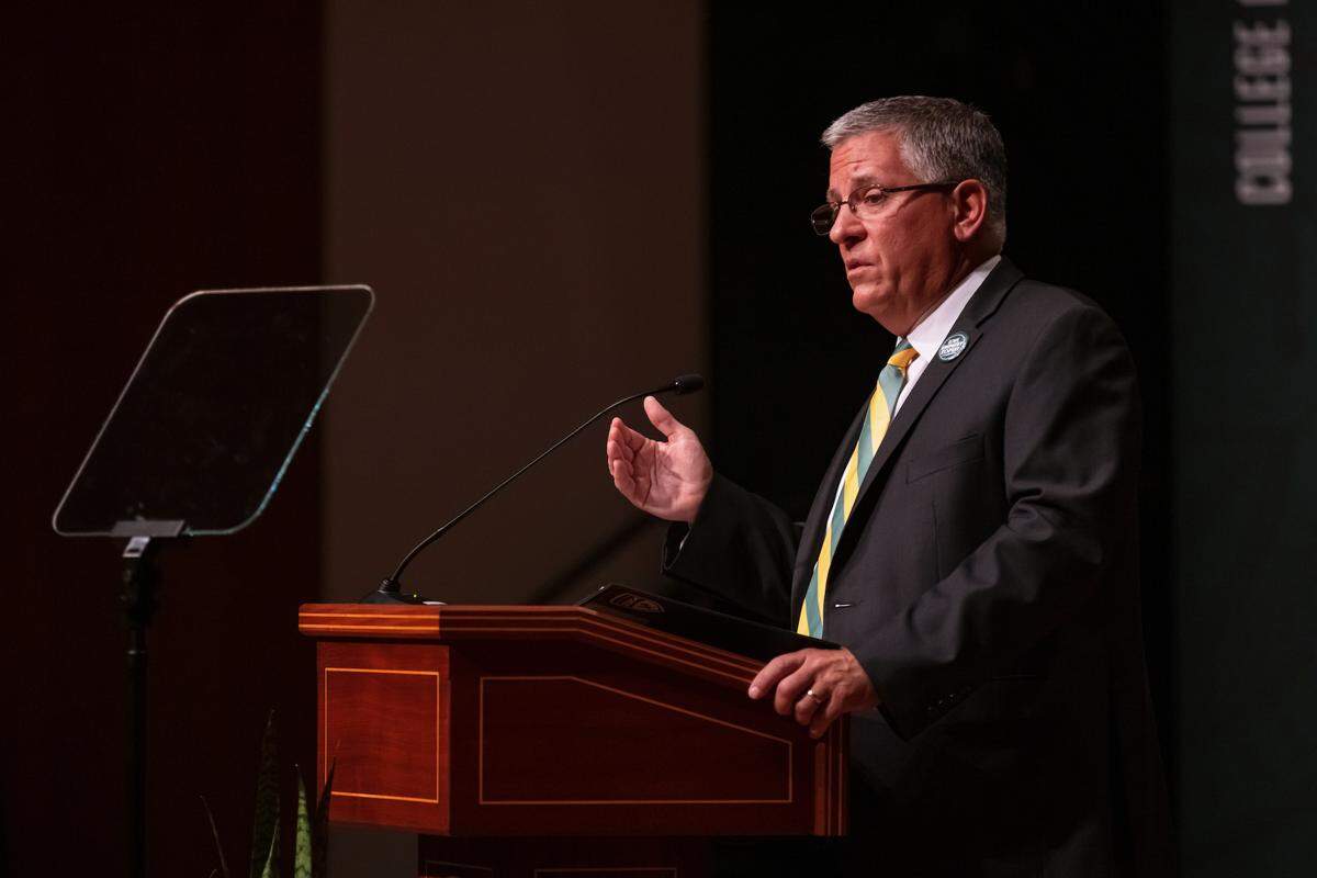 Cal Poly President Jeffrey Armstrong speaks at the university’s 2021 fall convocation at the Cal Poly Performing Arts Center.