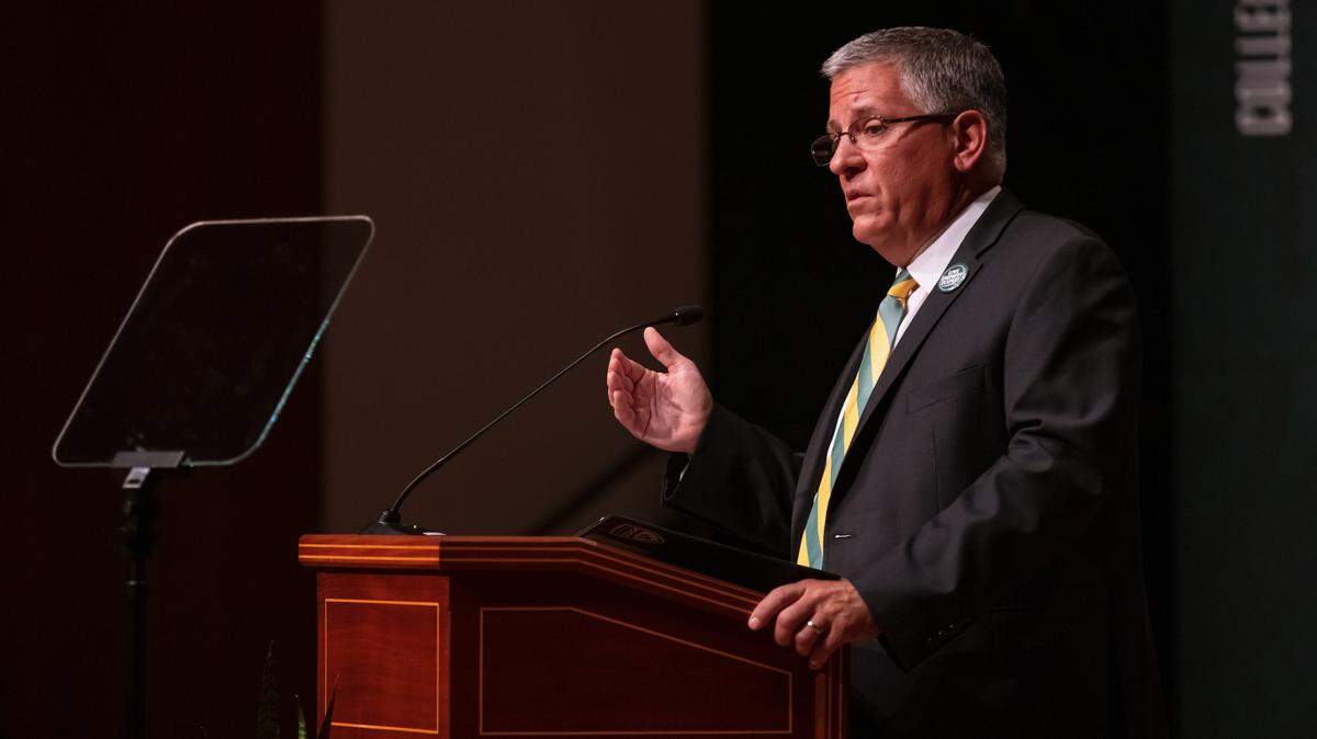 Cal Poly President Jeffrey Armstrong speaks at the university’s 2021 fall convocation at the Cal Poly Performing Arts Center.