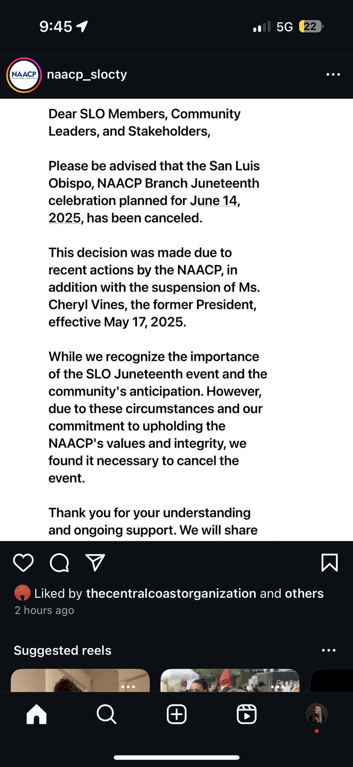 The SLO County Chapter of the National Association for the Advancement of Colored People posted on social media that it was canceling its Juneteenth event after its former president, Cheryl Vines, was suspended from the organization. The post was published on the evening of June 2, 2025, but then deleted around 11:30 a.m. on June 3.