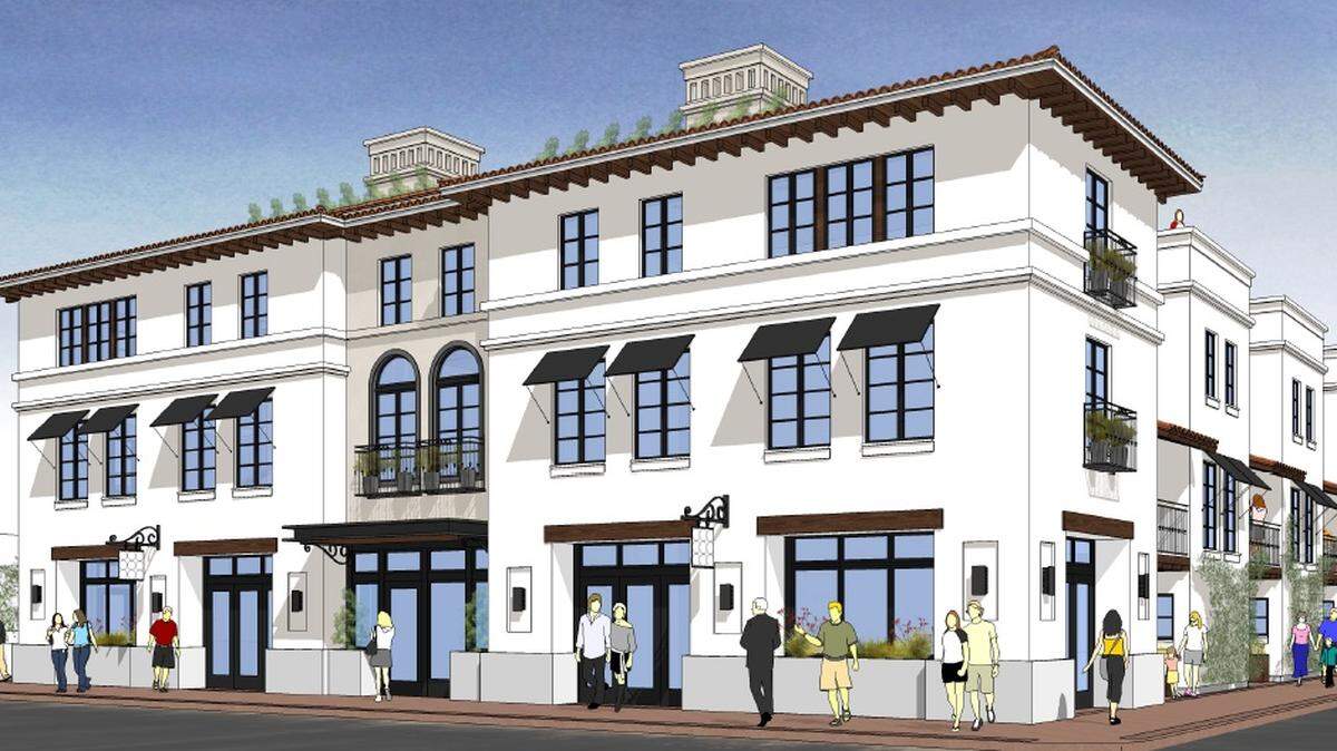 A rendering of the four-story, mixed-use storefront and townhouse building planned for the corner of Marsh and Carmel streets in downtown San Luis Obispo.
