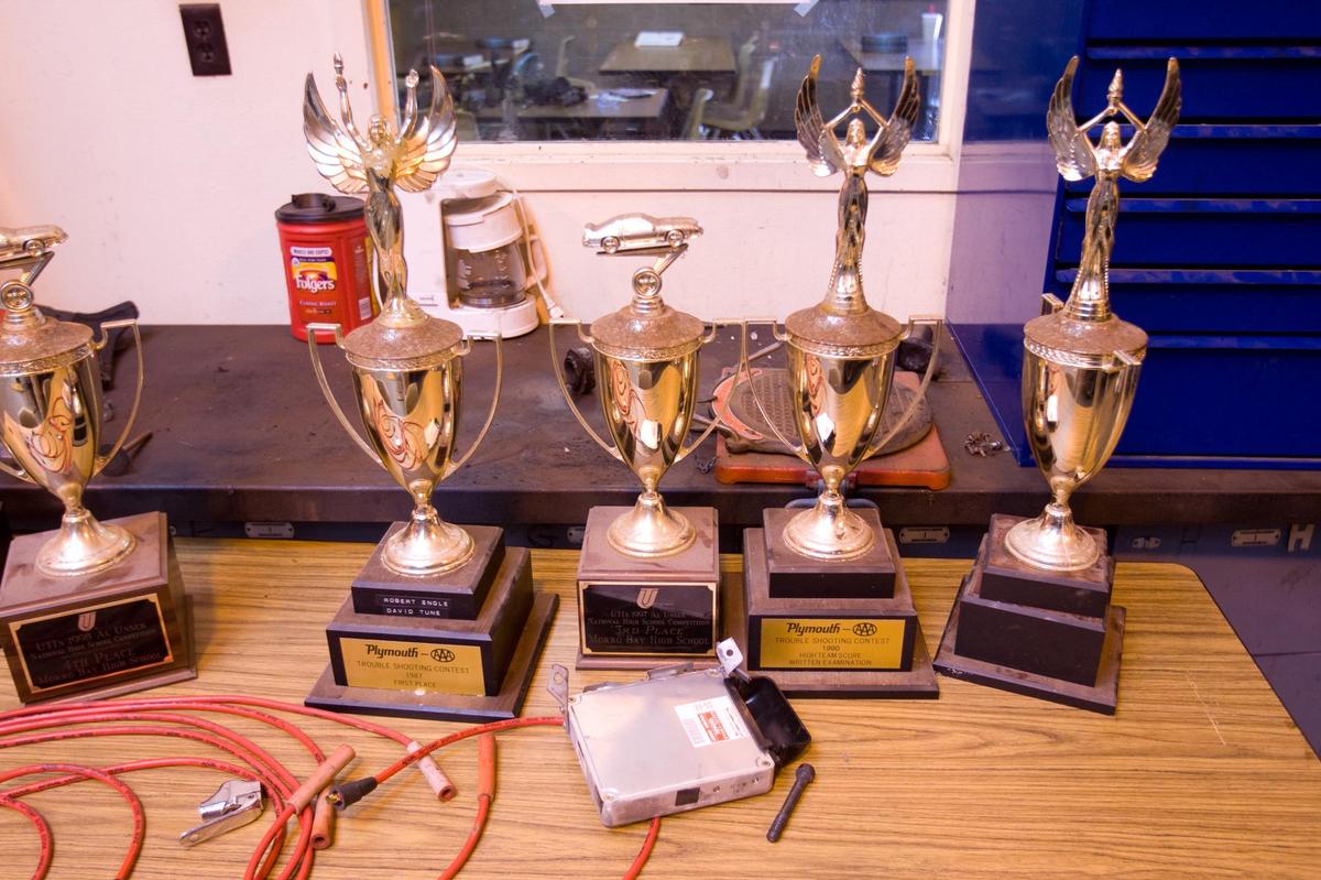 A March 2012 file photo shows trophies won by the Morro Bay High School Auto shop.