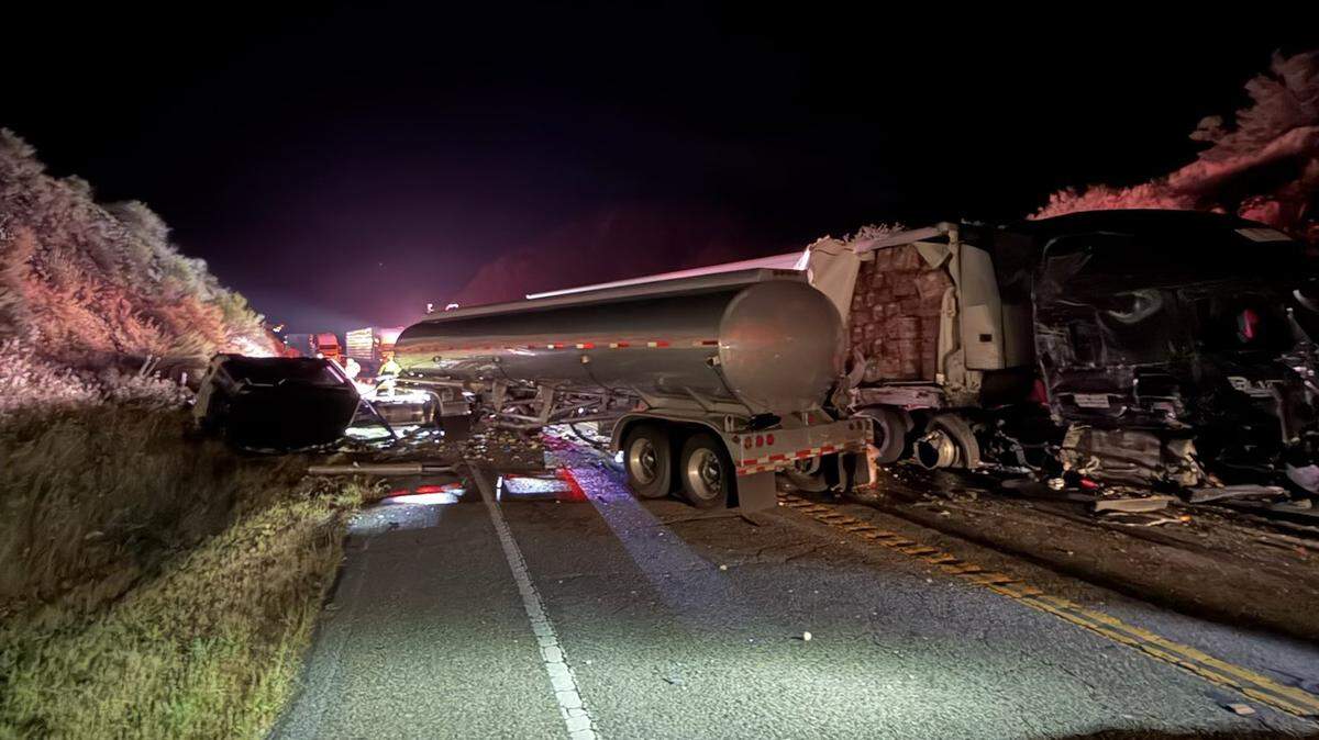 Two semi trucks crashed head-on on Highway 166 near Pine Canyon Road around 9:50 p.m. on April 13, 2026, causing the highway to shut down in both directions overnight.