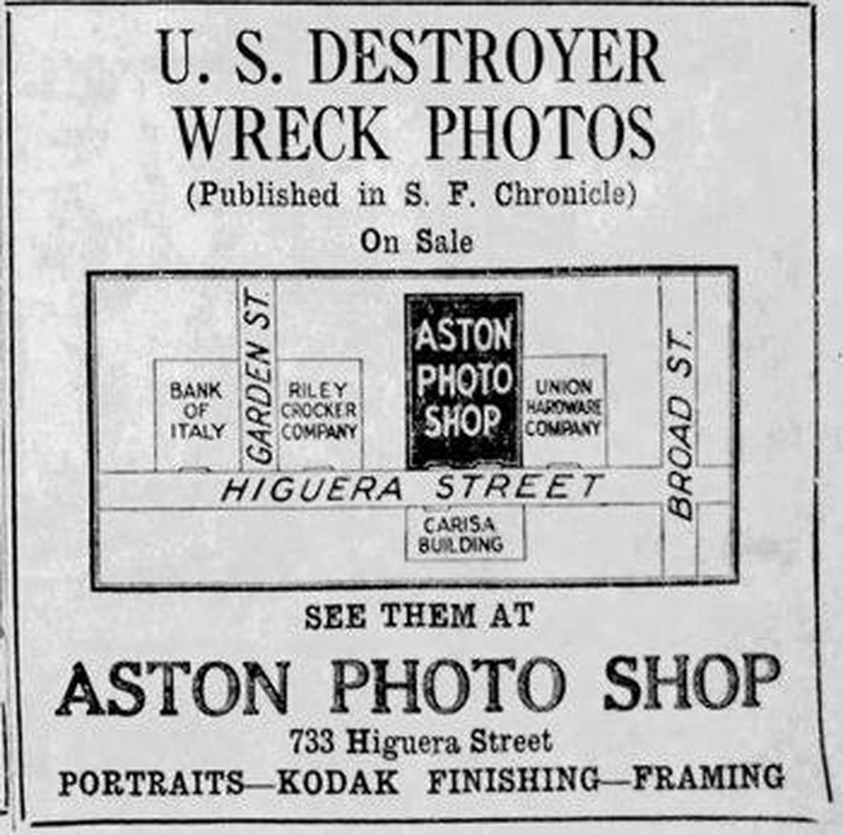 Frank Aston was a commercial photographer who documented many of the area’s news events of the day. Engravings were expensive for newspapers to make and San Luis Obispo papers rarely carried local photos when this ad ran on the front page of the Daily Telegram Sept. 14, 1923 a few days after the Honda Point disaster.